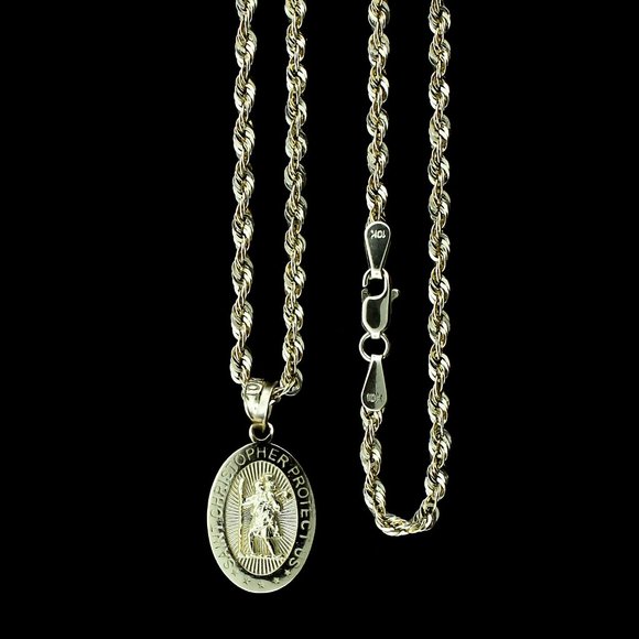 10K Real Gold Rope Chain and Saint Christopher Pendant Set - Picture 1 of 11
